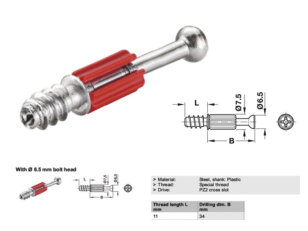 HAFELE Minifix Connecting Bolt With Special Thread & Ø 15mm Connector Housing Furniture Fastener Screw